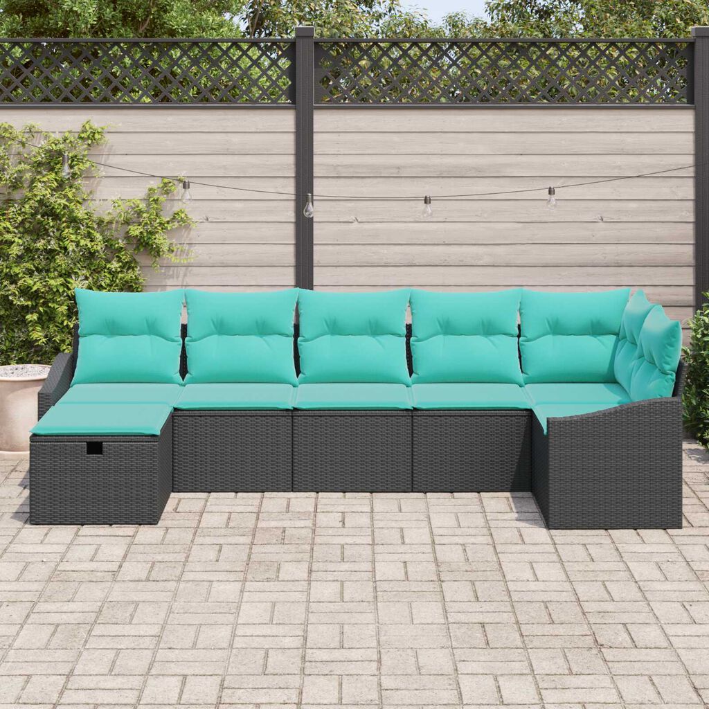 vidaXL 7 Piece Garden Sofa Set with Cushions Black Poly Rattan