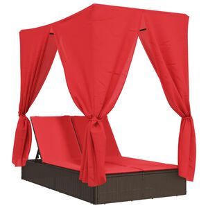 vidaXL Double Sun Lounger with Roof and Curtains Brown Poly Rattan