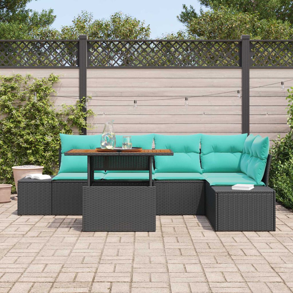 vidaXL 6 Piece Garden Sofa Set with Cushions Black Poly Rattan Acacia