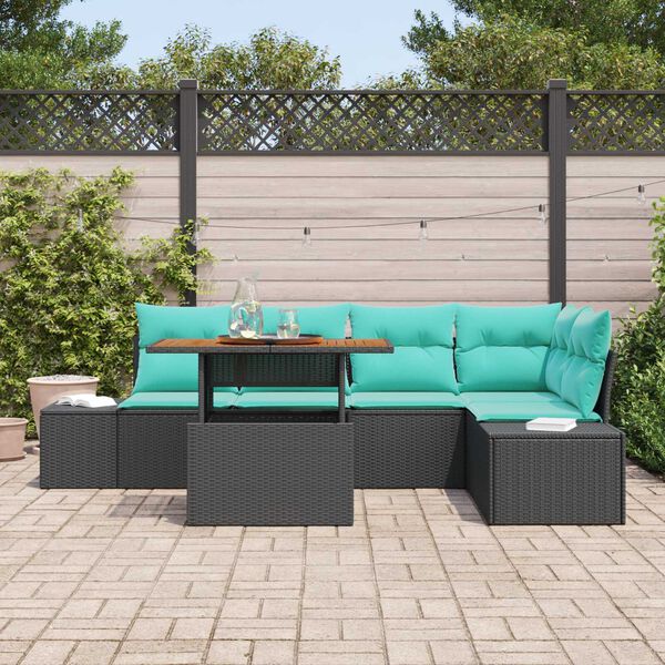 vidaXL 6 Piece Garden Sofa Set with Cushions Black Poly Rattan Acacia