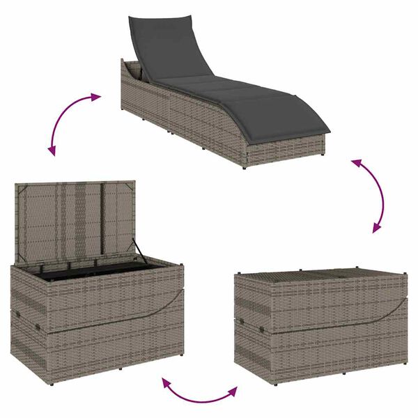 vidaXL Folding Sun Lounger with Cushion and Storage Grey Poly Rattan