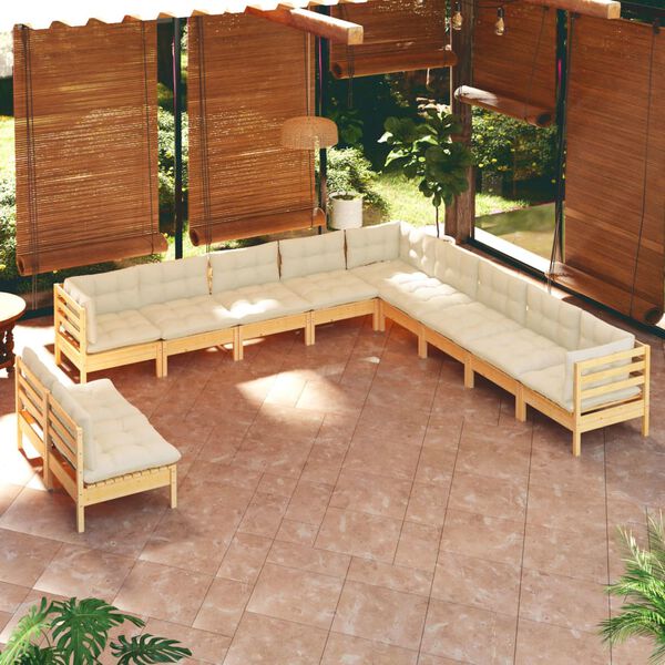 vidaXL 11 Piece Garden Lounge Set with Cream Cushions Solid Pinewood
