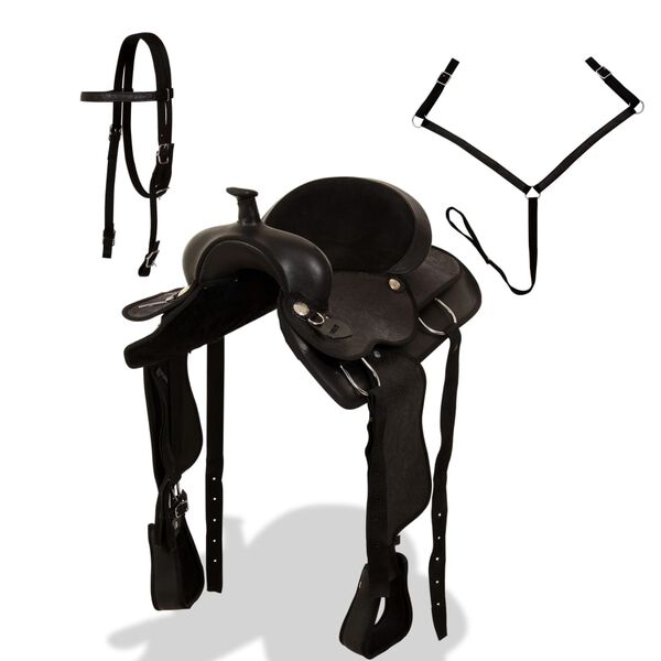 vidaXL Western Saddle. Headstall&Breast Collar Real Leather 17" Black