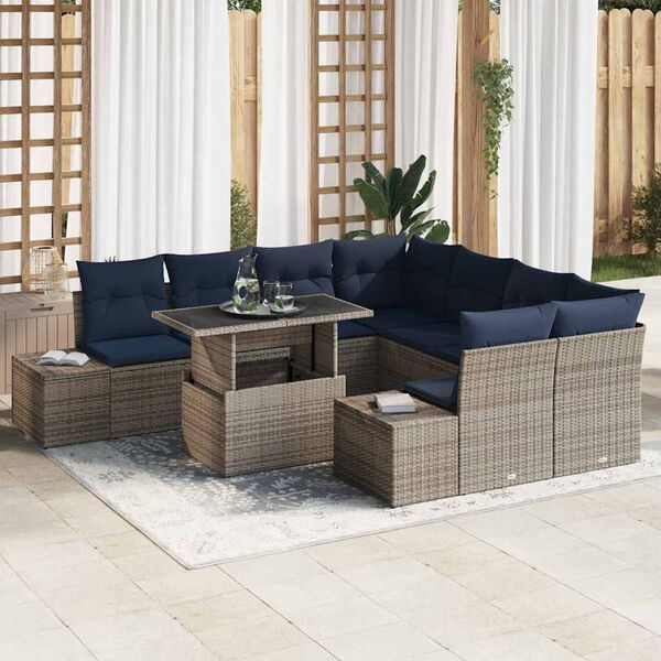 vidaXL Garden Sofa Set with Cushion 9 pcs Grey and Navy Poly Rattan