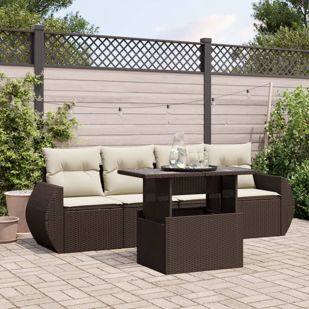 vidaXL 5 Piece Garden Sofa Set with Cushions Brown Poly Rattan