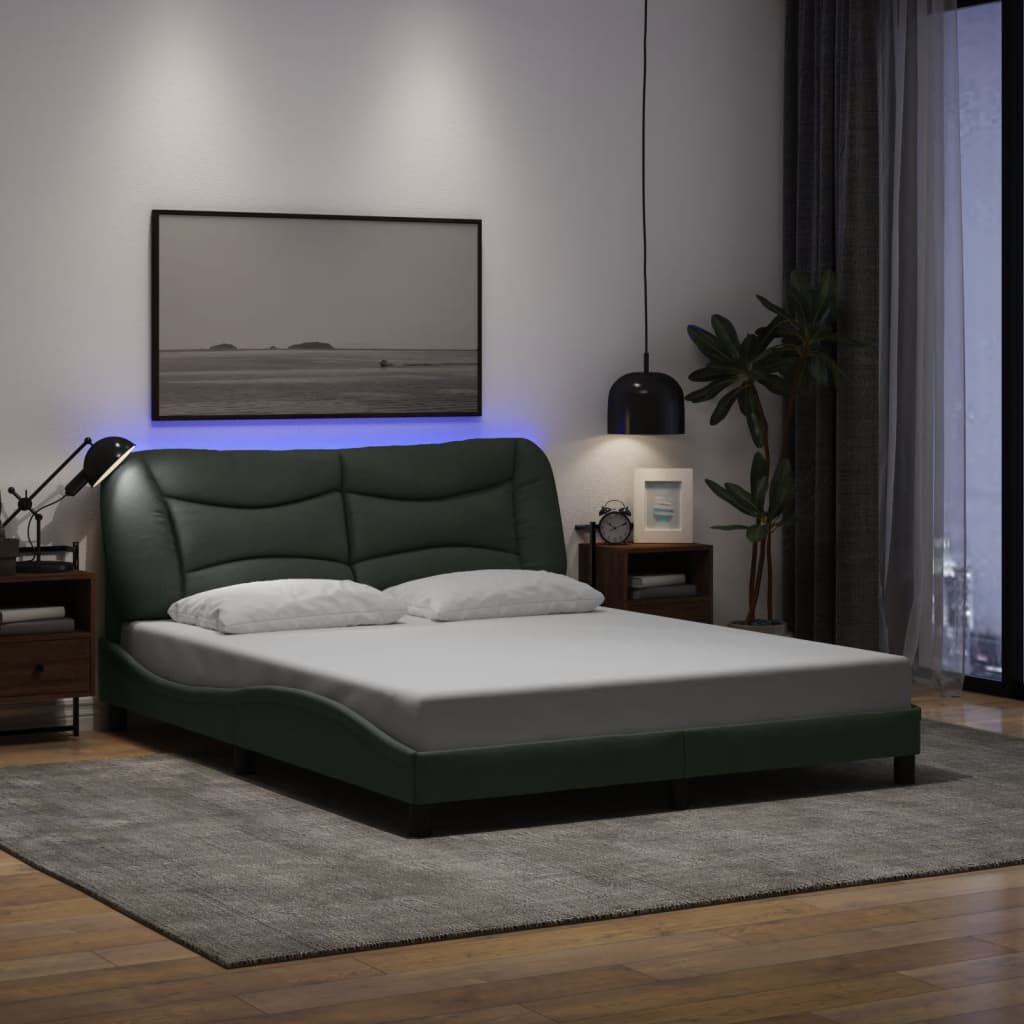 vidaXL Bed Frame with LED without Mattress Dark Grey 152x203 cm Queen Fabric