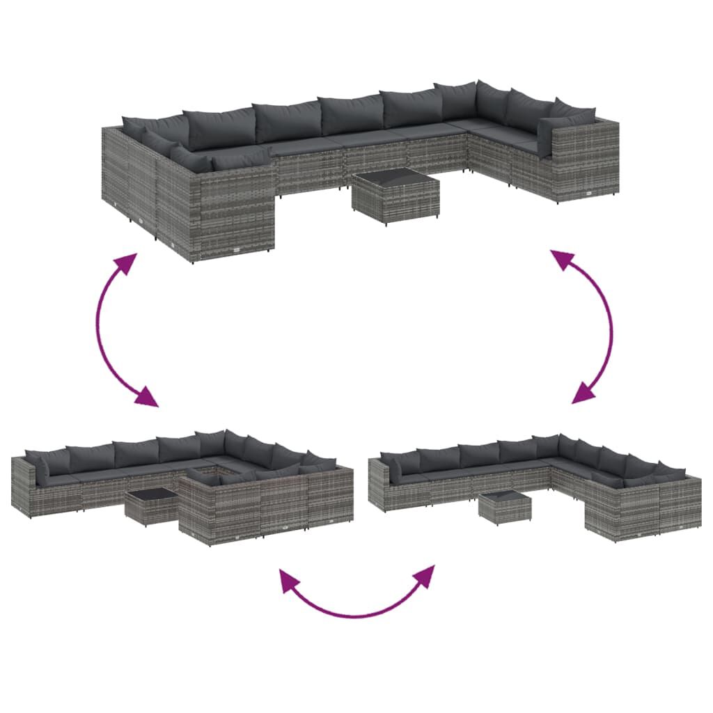 vidaXL 11 Piece Garden Sofa Set with Cushions Grey Poly Rattan