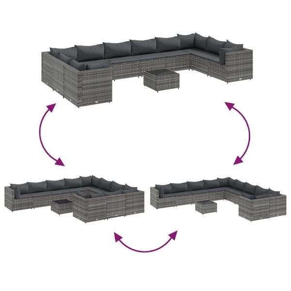 vidaXL 11 Piece Garden Sofa Set with Cushions Grey Poly Rattan