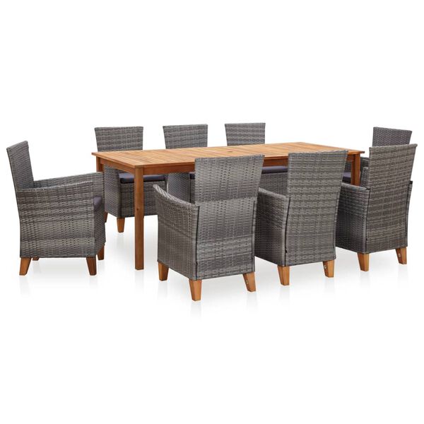 vidaXL 9 Piece Dining Set Poly Rattan and Solid Acacia Wood Grey