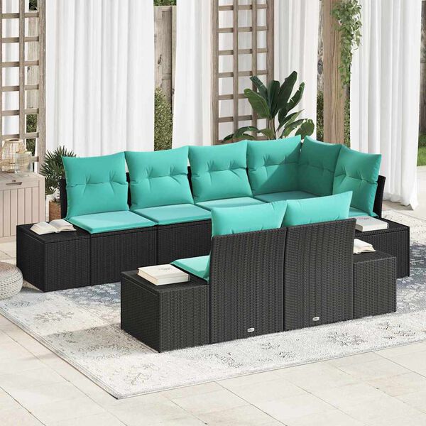 vidaXL Garden Sofa Set 7 pcs Black and Turquoise Poly Rattan