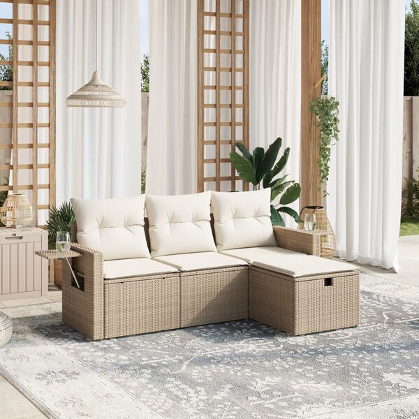 vidaXL 4 Piece Garden Sofa Set with Cushions Beige Poly Rattan