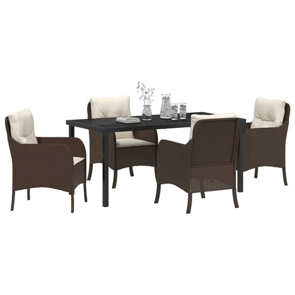 vidaXL Garden Dining Set with Cushion 5 pcs Brown Poly Rattan
