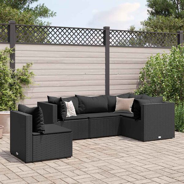 vidaXL 5 Piece Garden Lounge Set with Cushions Black Poly Rattan