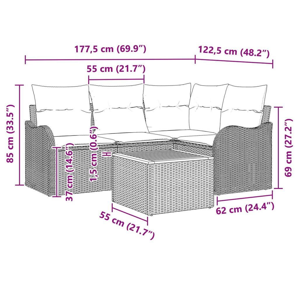 vidaXL 5 Piece Garden Sofa Set with Cushions Grey Poly Rattan Acacia