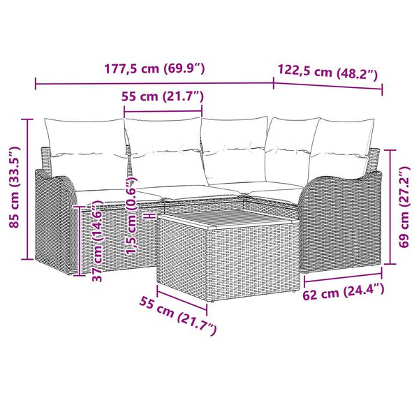 vidaXL 5 Piece Garden Sofa Set with Cushions Grey Poly Rattan Acacia