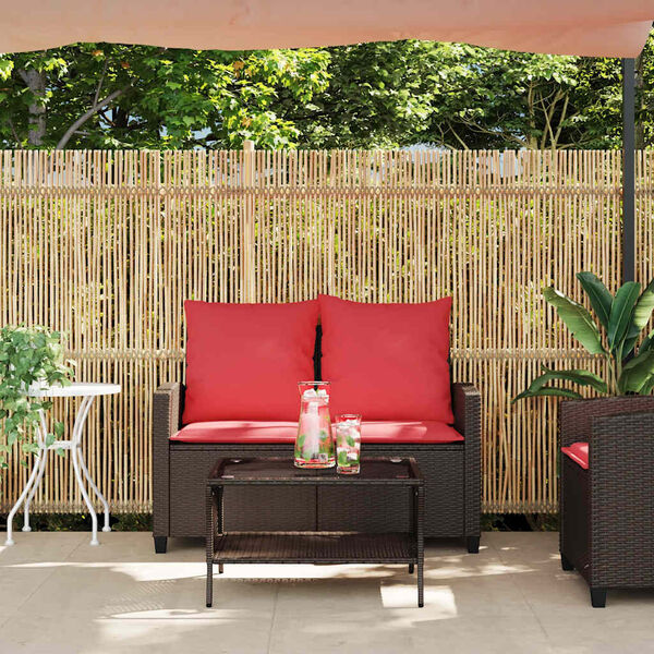 vidaXL Garden Sofa 2-Seater with Cushions&Table Brown Poly Rattan