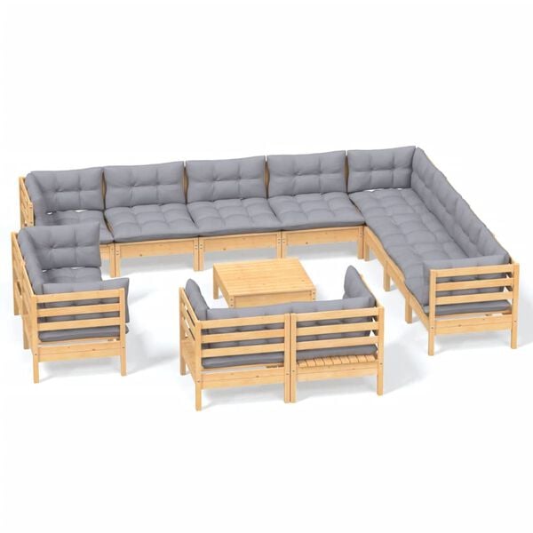 vidaXL 13 Piece Garden Lounge Set with Grey Cushions Solid Pinewood