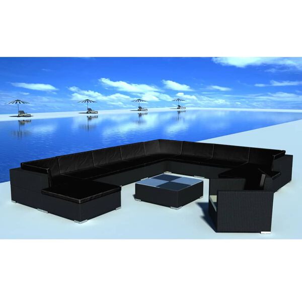 vidaXL 12 Piece Garden Lounge Set with Cushions Poly Rattan Black