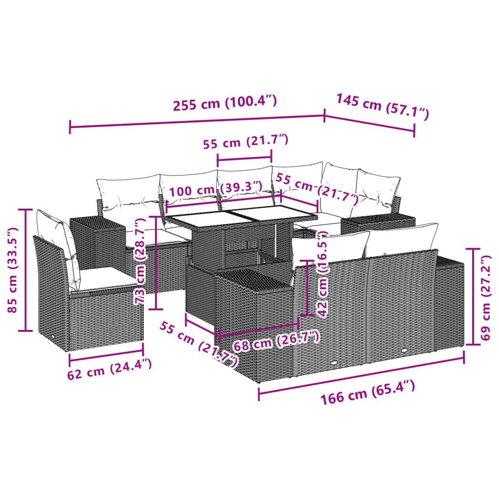 vidaXL 9 Piece Garden Sofa Set with Cushions Grey Poly Rattan