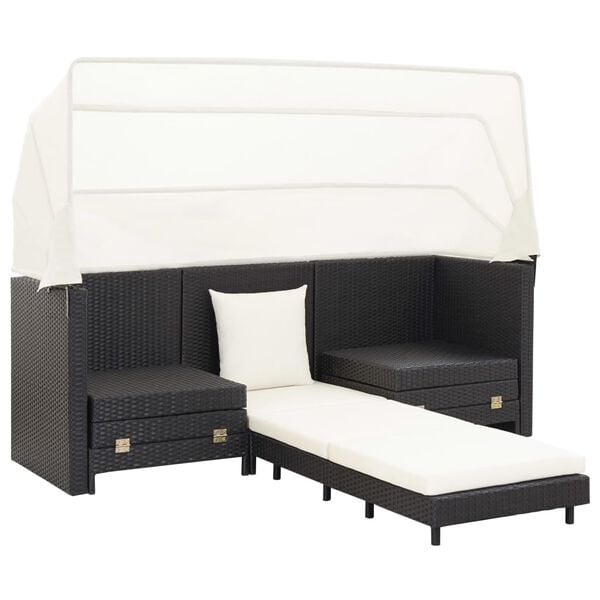vidaXL Extendable 3-Seater Sofa Bed with Roof Poly Rattan Black