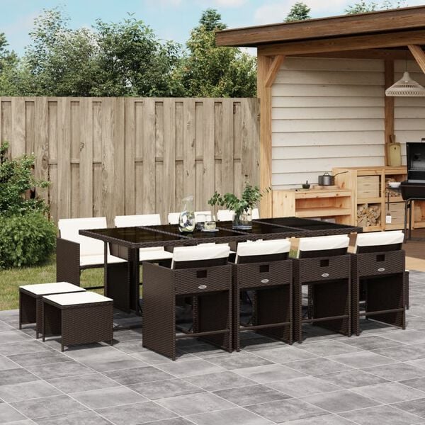 vidaXL 13 Piece Garden Dining Set with Cushions Brown Poly Rattan
