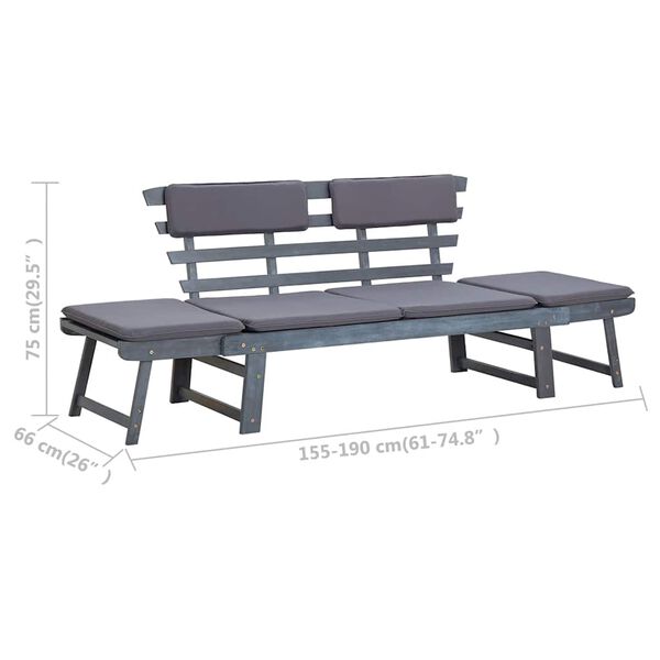 vidaXL Garden Bench with Cushions 2-in-1 190 cm Grey Solid Acacia Wood