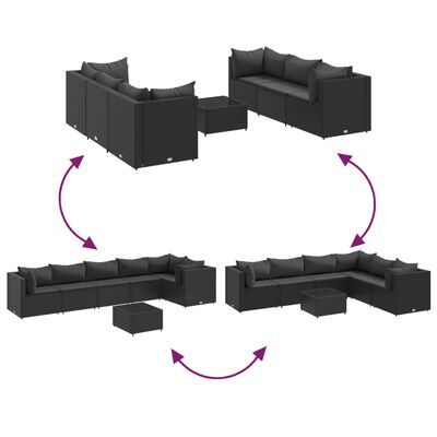 vidaXL 7 Piece Garden Lounge Set with Cushions Black Poly Rattan