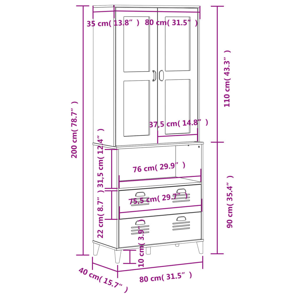 vidaXL Highboard VIKEN Black 80x40x200 cm Solid Wood Pine