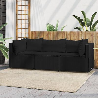 vidaXL 3 Piece Garden Lounge Set with Cushions Black Poly Rattan