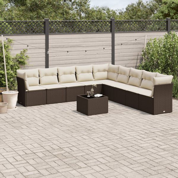 vidaXL 10 Piece Garden Sofa Set with Cushions Brown Poly Rattan