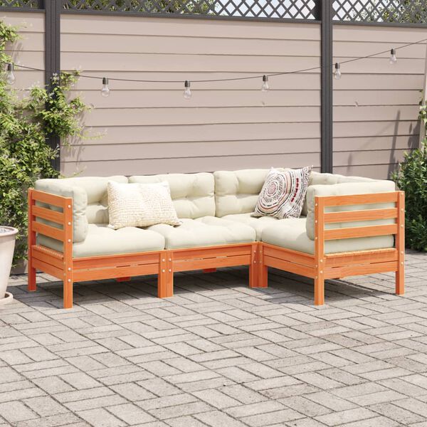 vidaXL 4 Piece Garden Sofa Set with Cushions Wax Brown Solid Wood Pine