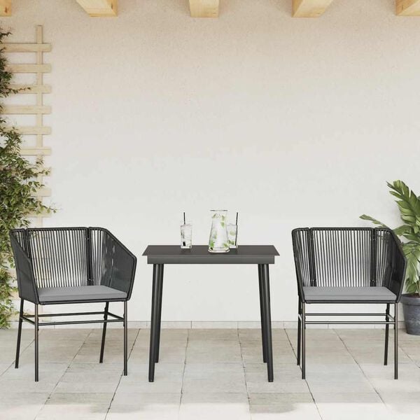 vidaXL 3 Piece Garden Dining Set with Cushions Black Poly Rattan Glass