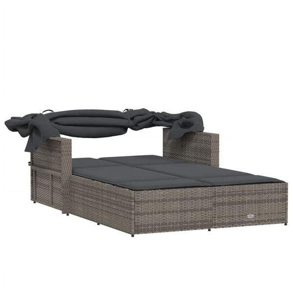 vidaXL Double Sun Lounger with Canopy and Cushions Grey Poly Rattan