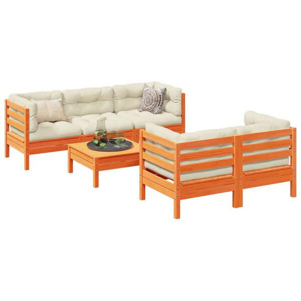 vidaXL 6 Piece Garden Sofa Set with Cushions Wax Brown Solid Wood Pine