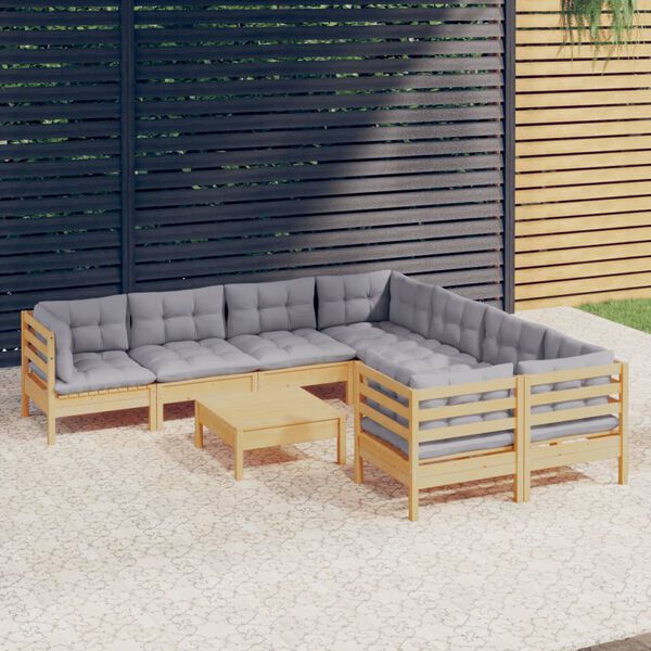vidaXL 9 Piece Garden Lounge Set with Grey Cushions Pinewood