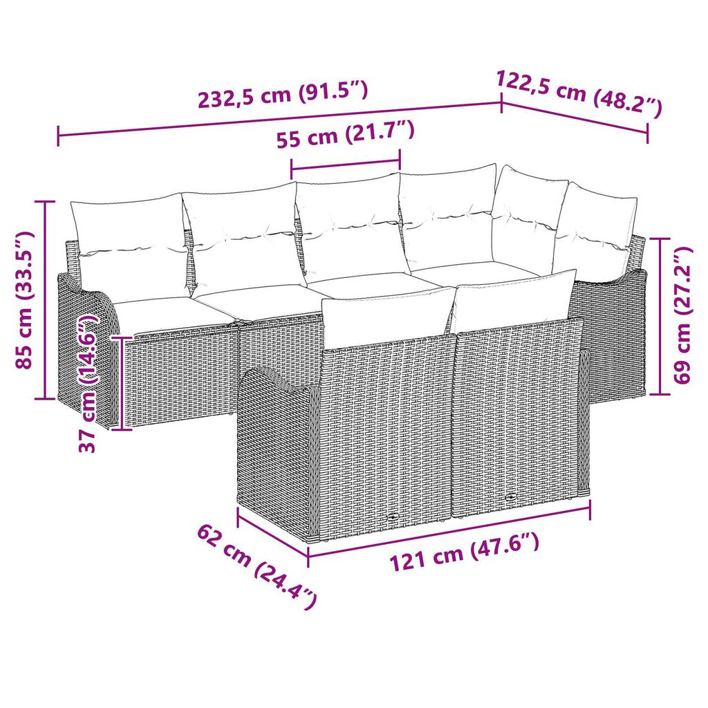 vidaXL 7 Piece Garden Sofa Set with Cushions Grey Poly Rattan