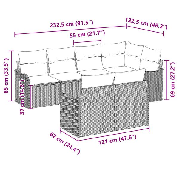 vidaXL 7 Piece Garden Sofa Set with Cushions Grey Poly Rattan