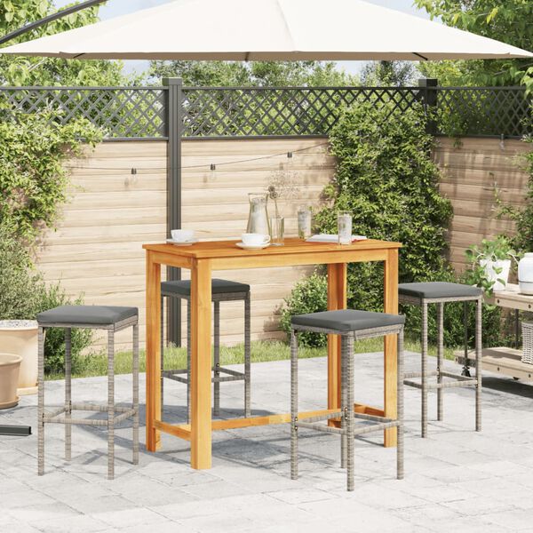 vidaXL 5 Piece Garden Bar Set Grey Solid Wood Acacia and Poly Rattan