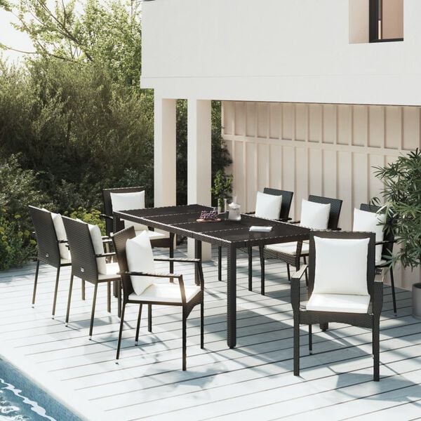 vidaXL 9 Piece Garden Dining Set with Cushions Black Poly Rattan