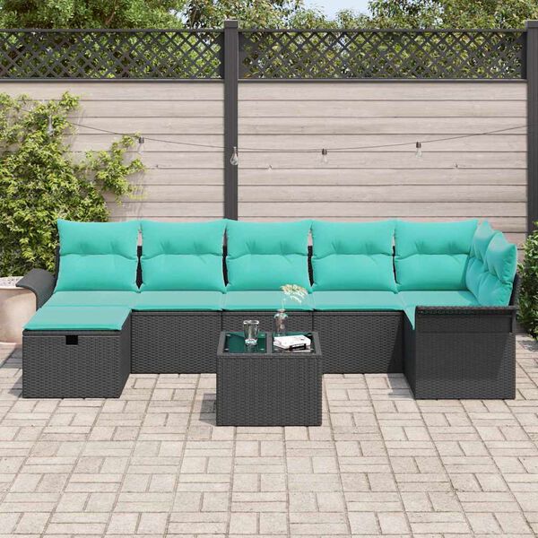 vidaXL Garden Sofa Set with Cushion 8 pcs Black Poly rattan