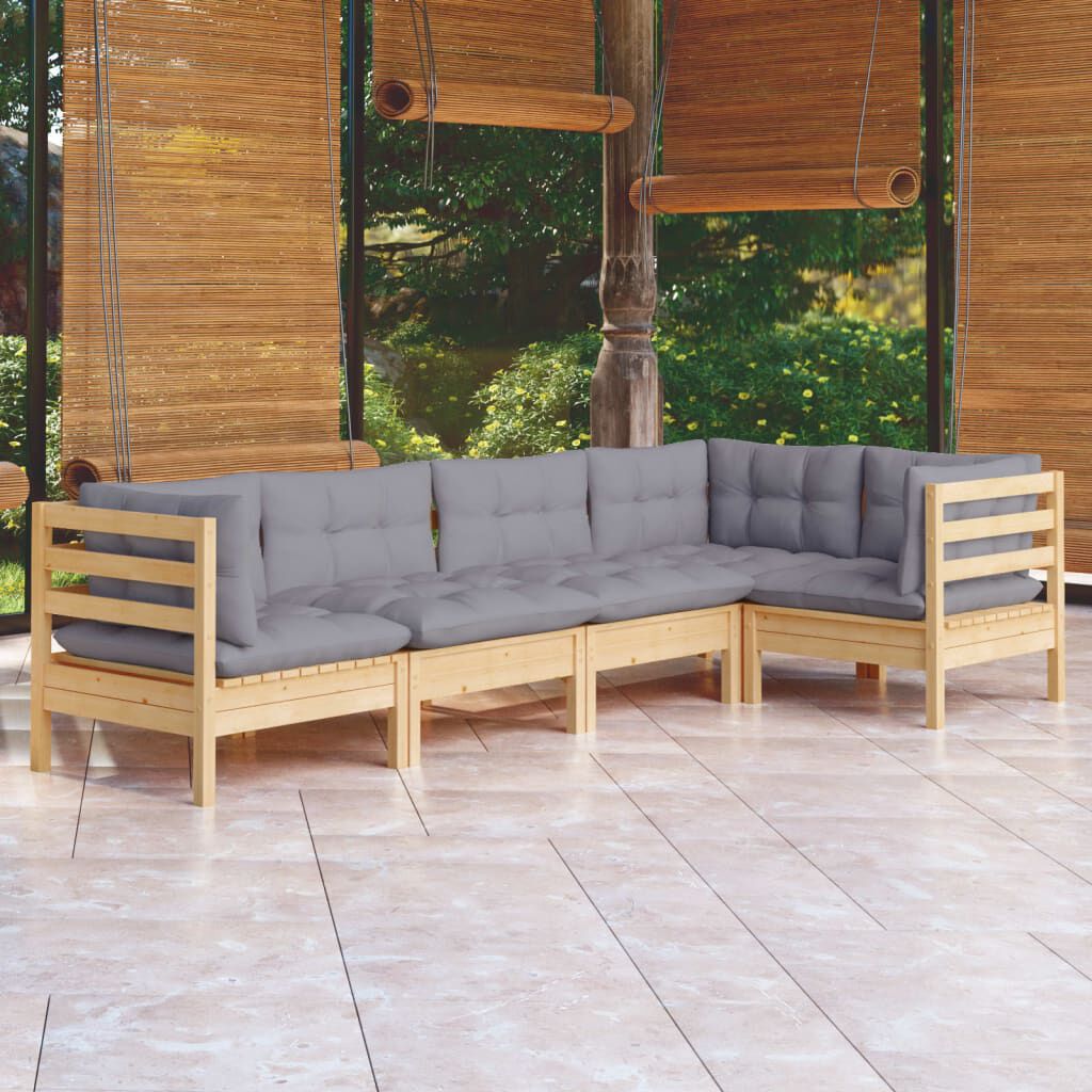vidaXL 5 Piece Garden Lounge Set with Grey Cushions Pinewood