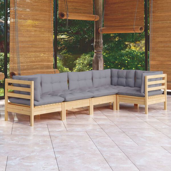 vidaXL 5 Piece Garden Lounge Set with Grey Cushions Pinewood