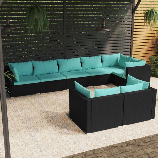 vidaXL 8 Piece Garden Lounge Set with Cushions Black Poly Rattan