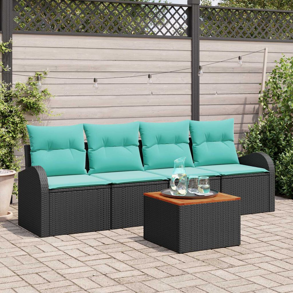 vidaXL 5 Piece Garden Sofa Set with Cushions Black Poly Rattan Acacia