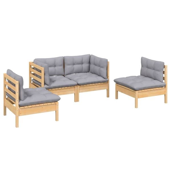 vidaXL 4 Piece Garden Lounge Set with Grey Cushions Solid Pinewood