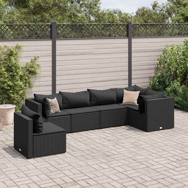 vidaXL 6 Piece Garden Lounge Set with Cushions Black Poly Rattan