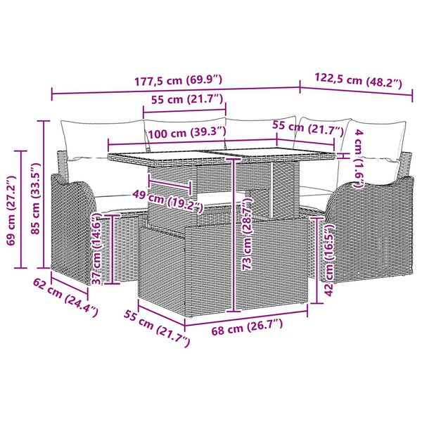 vidaXL 5 Piece Garden Sofa Set with Cushions in Black Poly Rattan