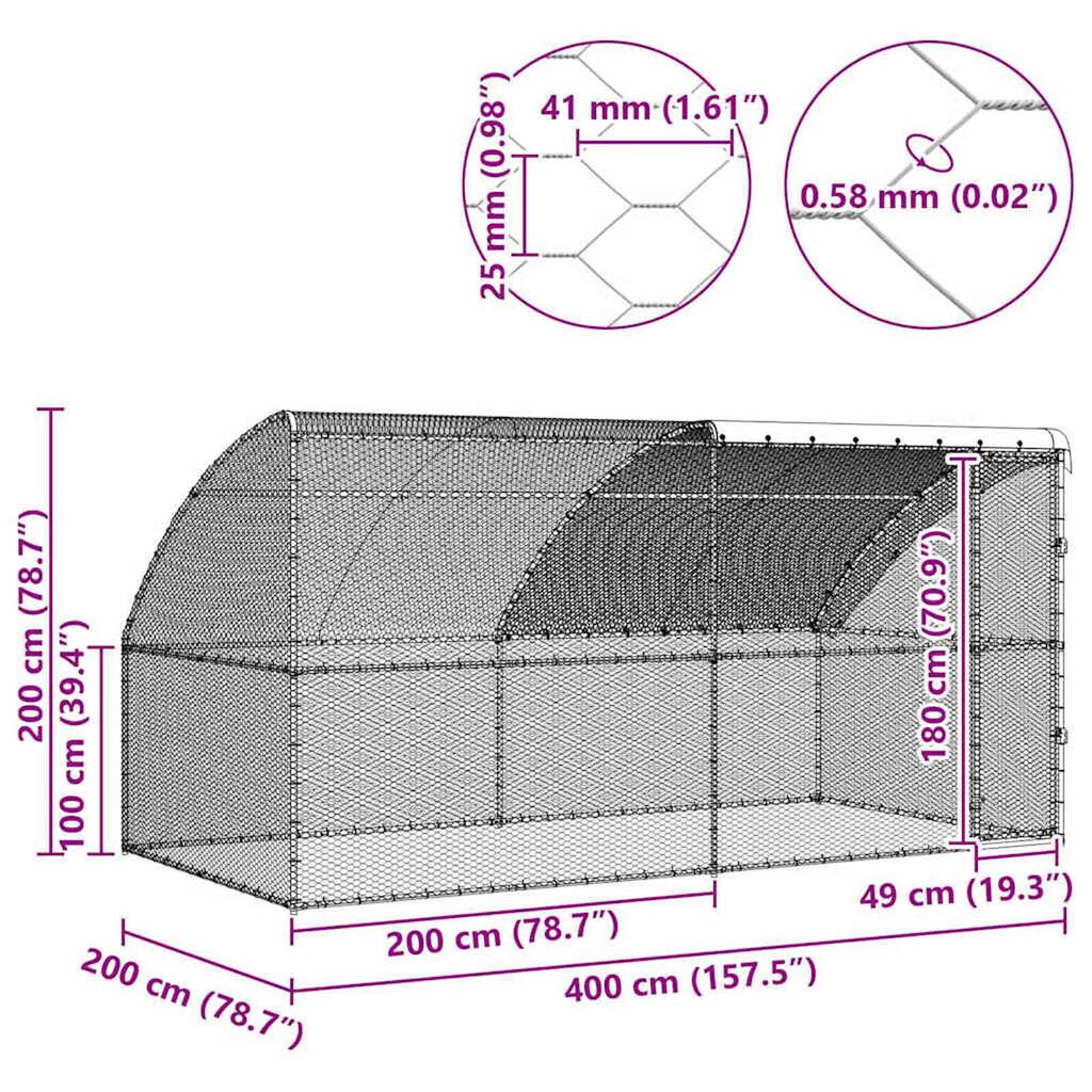 vidaXL Chicken Cage Silver 400 x 200 x 198.5 cm Galvanised steel
