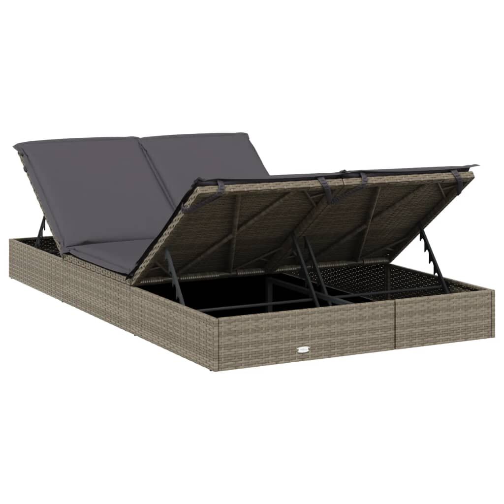 vidaXL 2-Person Sunbed with Cushions Grey Poly Rattan