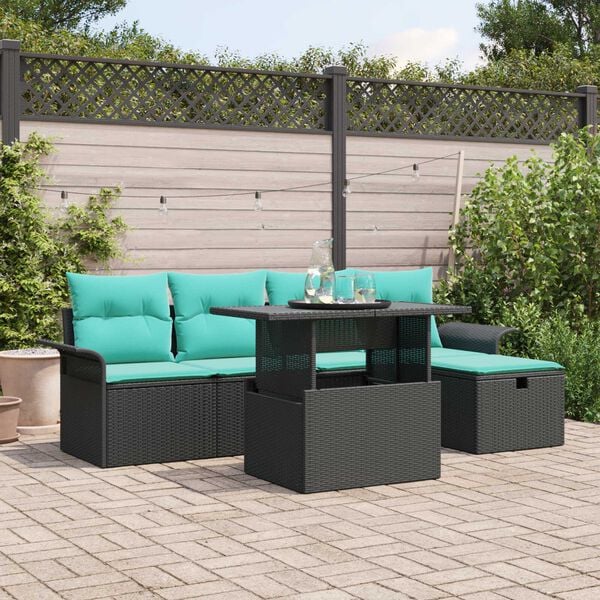 vidaXL 6 Piece Garden Sofa Set with Cushions Black Poly Rattan